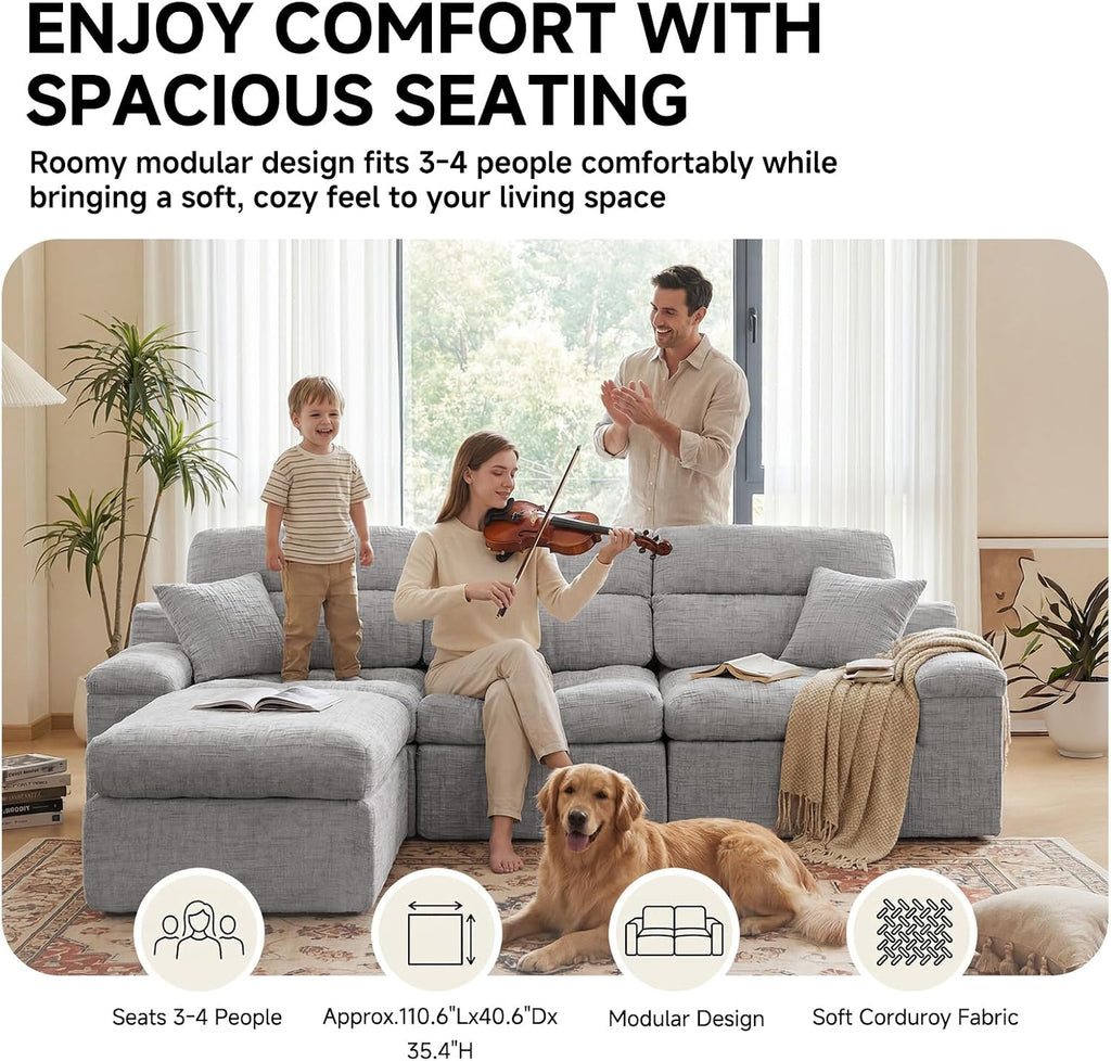 110" High Back Boneless Couch, L-Shaped Modular Sectional Sofa Bed | Sectional Couches for Living Room, Slub Chenille Fabric, No-Assembly, Light Gray