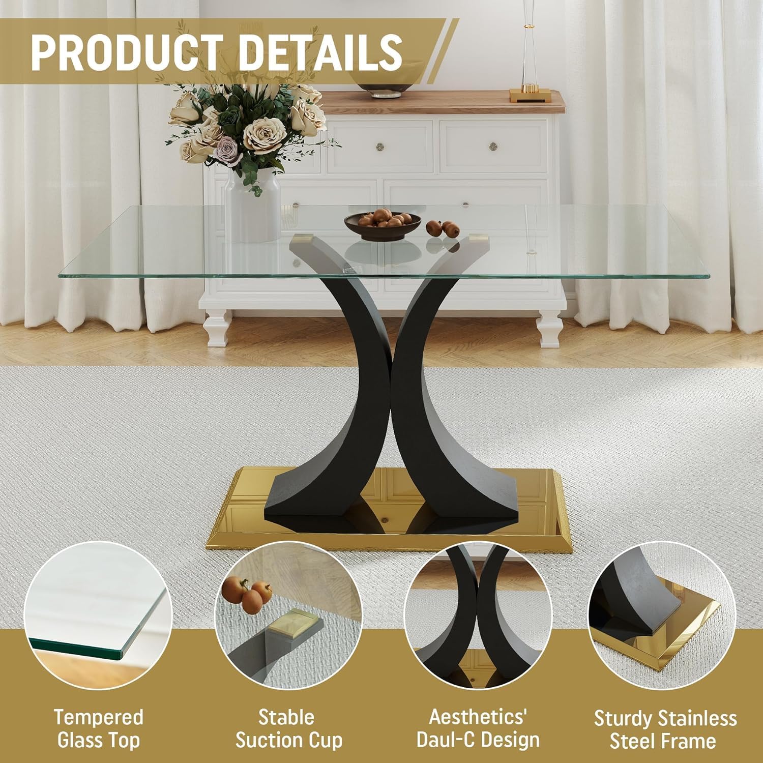 Modern Luxury Glass Dining Table for 4-6, 63'' Clear Tempered Glass Top Dinette Table, Minimalism Large Apartment Rectangle Kitchen Table with Black MDF & Gold Stainless Steel Base