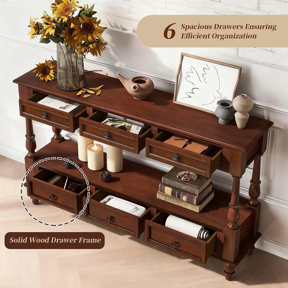Vintage Solid Wood Console Table with 6 Drawers - 54" Hallway Sofa Table...