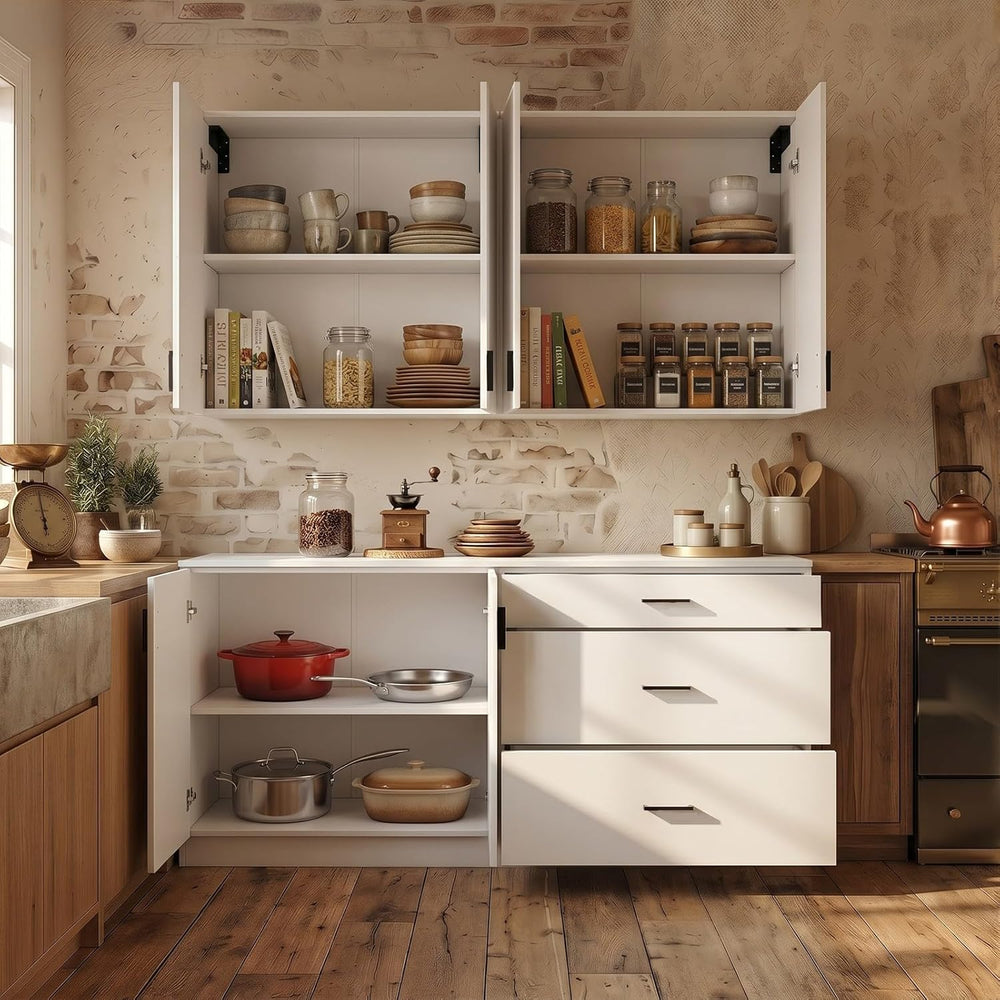 63" Kitchen Cabinet Set with 3 Drawers and 6 Doors, Wall Mounted Upper C...