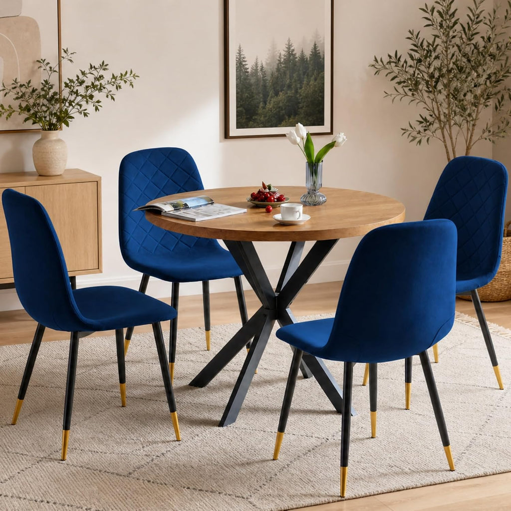 37" Round Table Set for 4, Mid Century Modern Small Kitchen Table Set, Space Saving, Dinette for Home, Apartment, Dining Room (Imitation Wood Table+ 4 Navy Blue Velvet Chairs)
