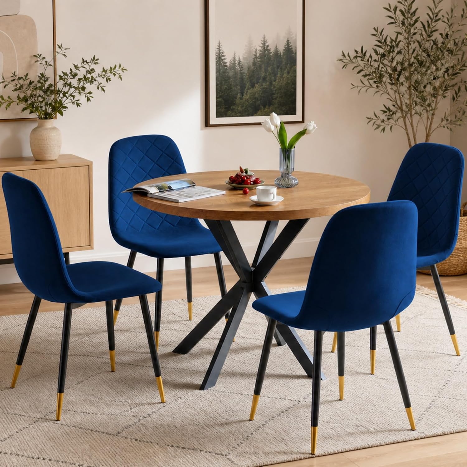 37" Round Table Set for 4, Mid Century Modern Small Kitchen Table Set, Space Saving, Dinette for Home, Apartment, Dining Room (Imitation Wood Table+ 4 Navy Blue Velvet Chairs)