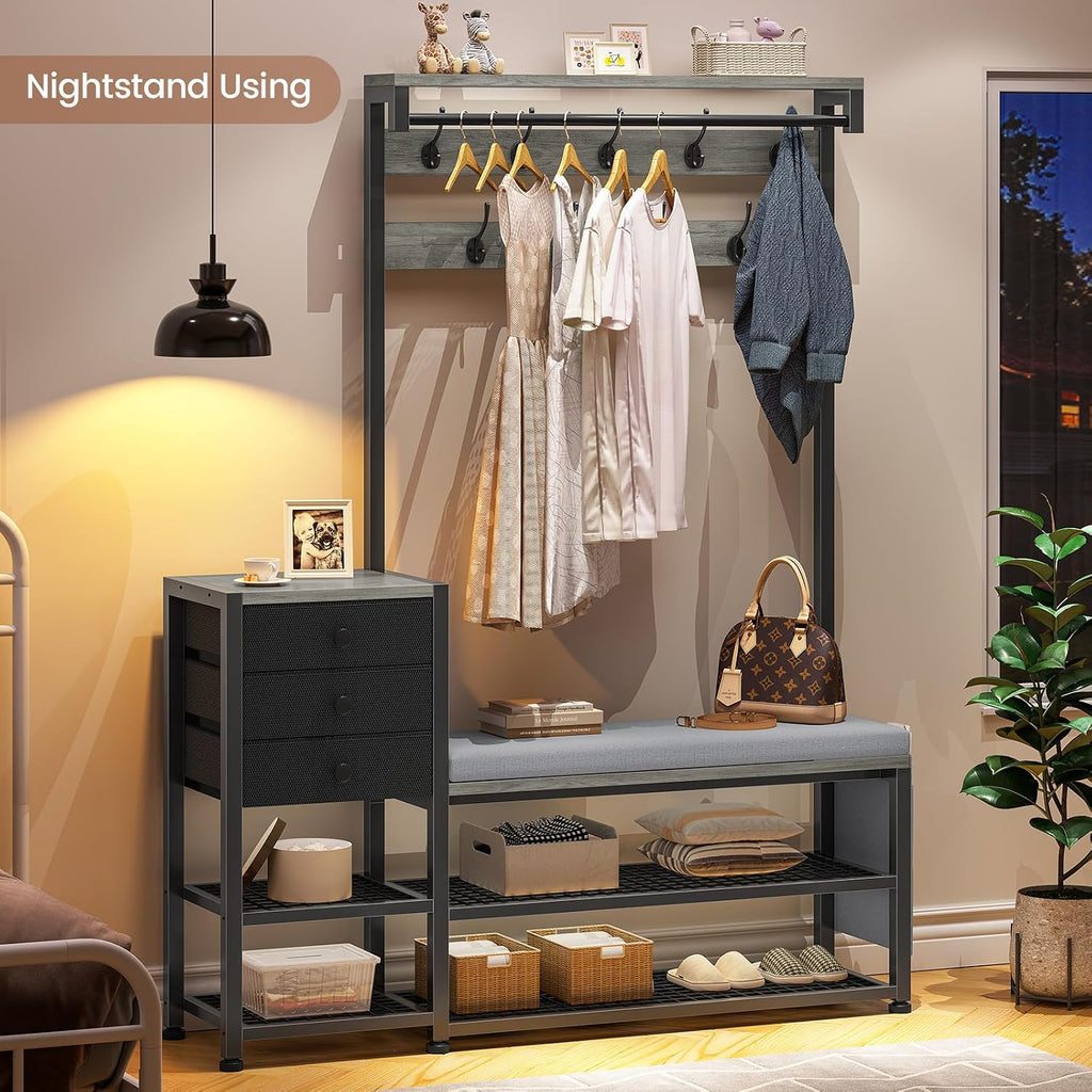 Itaar Coat Rack, Hall Tree with Bench and Shoe Storage, 7-in-1 Entryway Bench with Soft Cushion, Storage Bag, 3 Fabric Drawers(Grey)