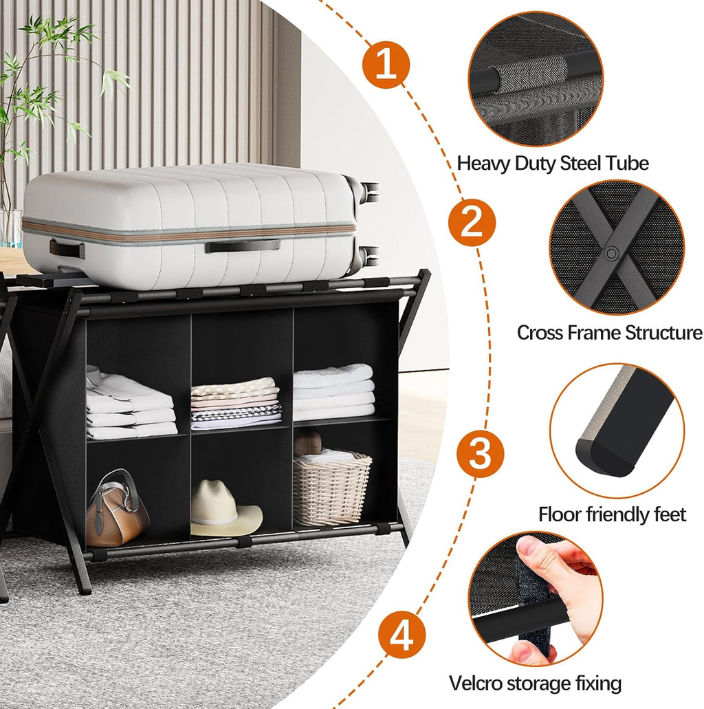 Huhote Luggage Rack for Guest Room, Folding Suitcase Stand with 6-Cube Fabric Storage Shelf, Luggage Holder, Steel Foldable Luggage Stand for Guest Room, Bedroom, Hotel, Black