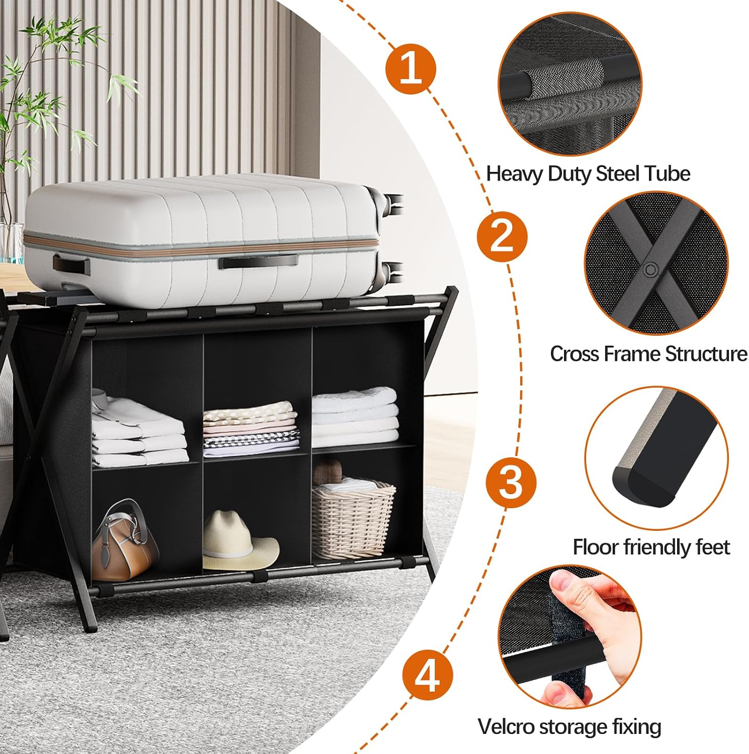 Huhote Luggage Rack for Guest Room, Folding Suitcase Stand with 6-Cube Fabric Storage Shelf, Luggage Holder, Steel Foldable Luggage Stand for Guest Room, Bedroom, Hotel, Black