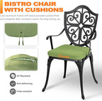 NUU GARDEN 3 Piece Outdoor Bistro Set Cast Aluminum Patio Set Bistro Table Set Rustproof Patio Table and Chairs with Umbrella Hole and Green Cushions for Backyard, Balcony, Porch, Black