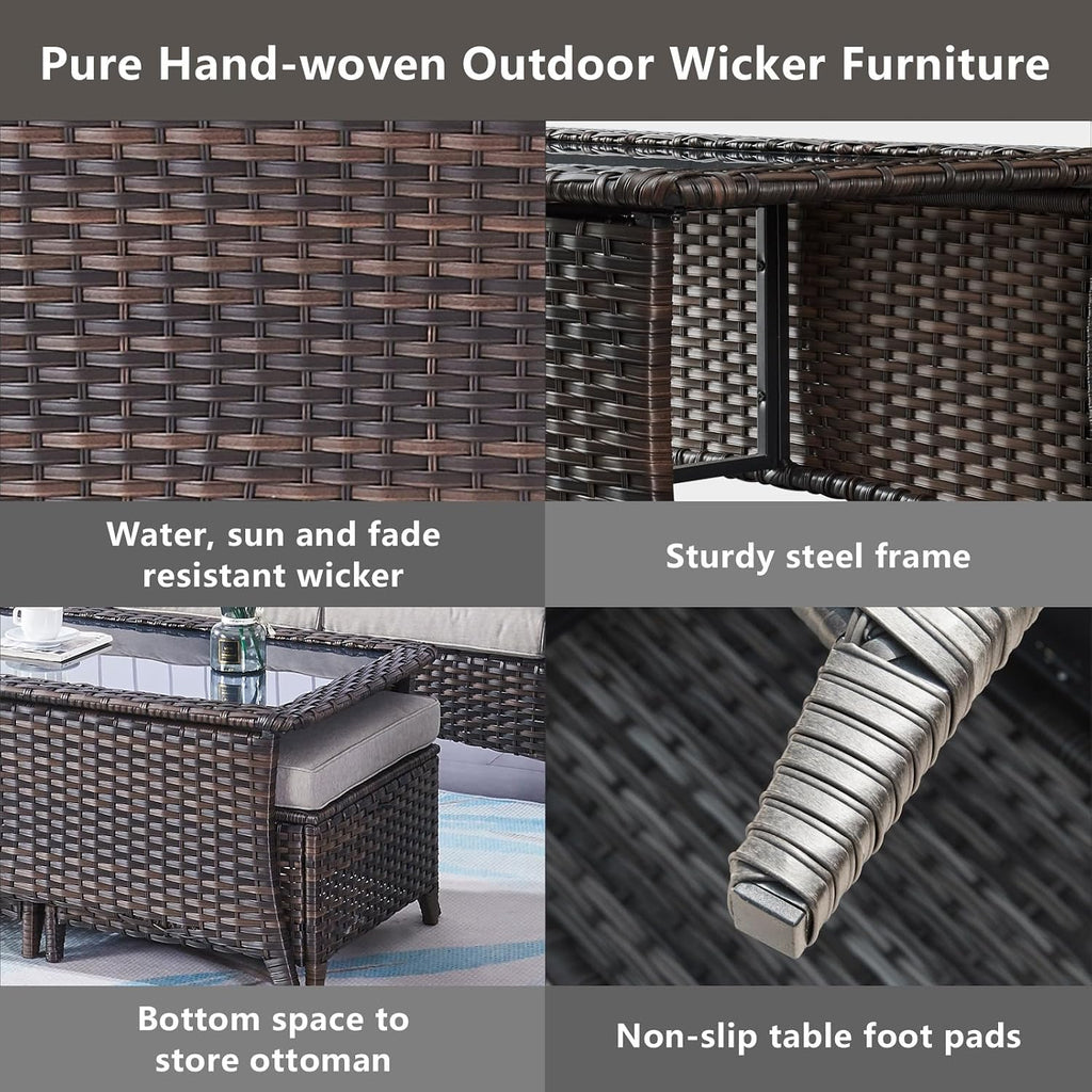 Belord Outdoor Coffee Table with Tempered Glass Top, Patio Rectangular Brown Wicker, Handwoven Rattan Coffee Table Compatible with Patio Furniture Sets for Porch Deck Backyard