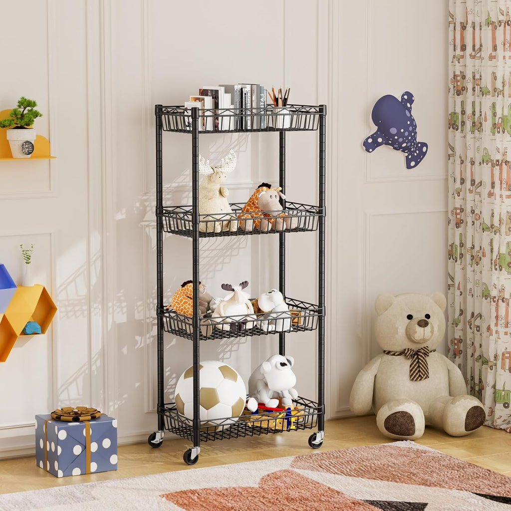 4 Tier Shelf Wire Shelving Unit Adjustable Storage Shelves Big Basket Rack Standing Units for Kitchen Closet Laundry Bathroom Organizers Metal Pantry Mesh 10" D x 16" W x 55" H Black