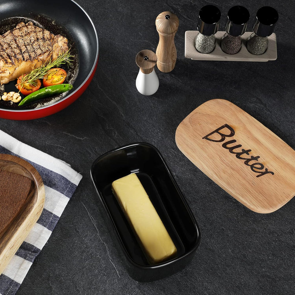 GDCZ Ceramics Butter Dish with Wooden Lid- Large Covered Butter Holder for Countertop, Butter Keeper Container Perfect for Holds 2X 4oz West/East Coast Butter, Black