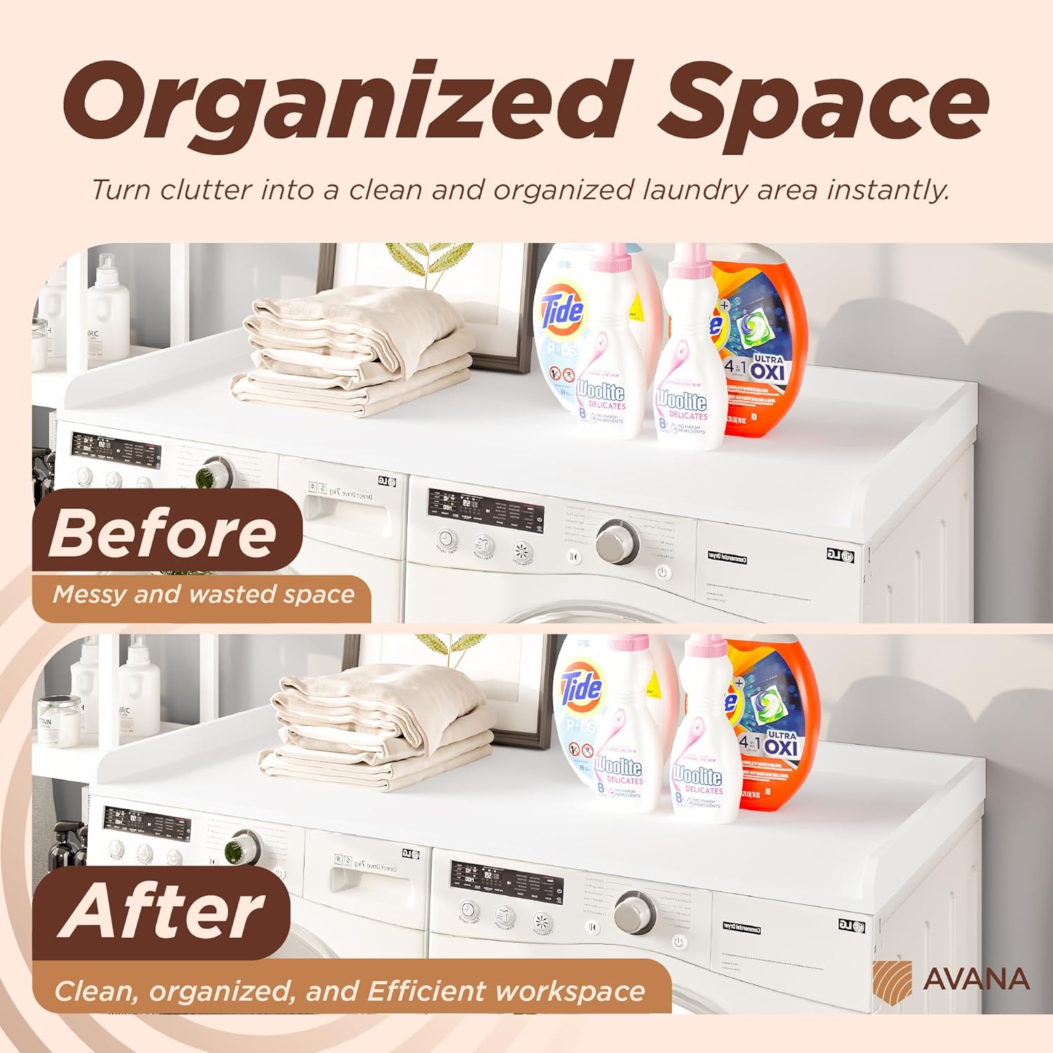 Avana (100% Natural Solid Wood Washer Dryer Countertop – White Pine Laundry Countertop with Raised Edges, 54” x 27.5” Counter Top for Washer and Dryer, Laundry Room Organizer & Tabletop