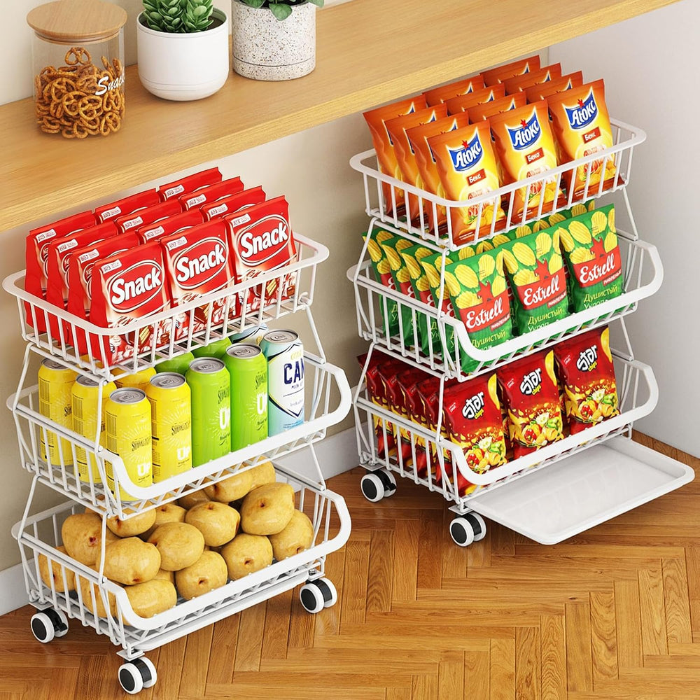 3-Tier Rolling Pantry Cart with Wheels, Stackable Wire Storage Floor Organize...