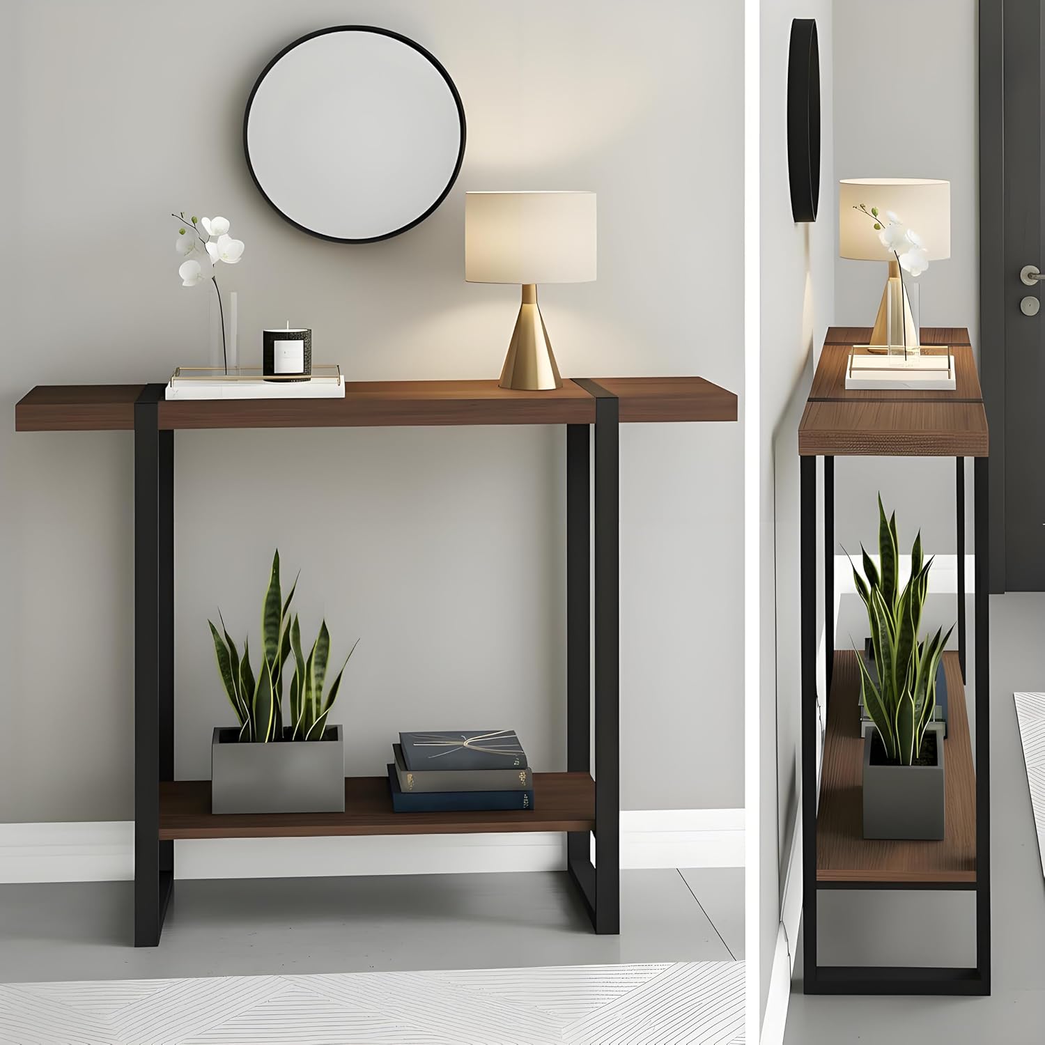 Solid Wood Console Table, 1.96" Thick Top Entryway Table, Narrow Sofa Table Behind Couch, Heavy Duty Industrial Hallway Table with Steel Frame, Rustic Farmhouse