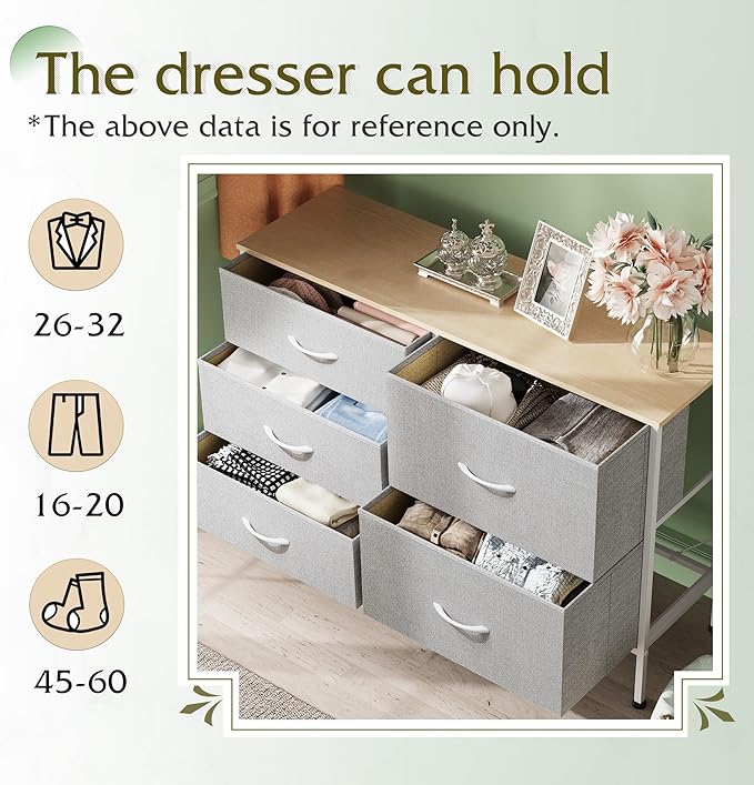 WLIVE Dresser for Bedroom with 5 Drawers, Wide Bedroom Dressers with Drawer O...