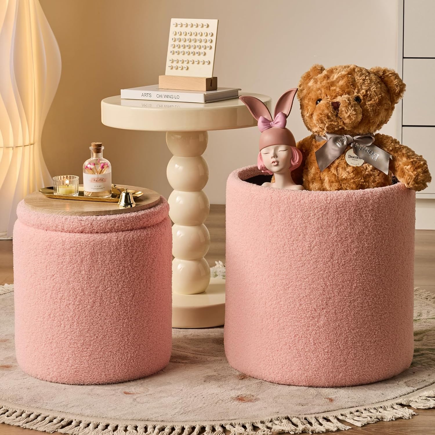 BLEXA Round Ottoman with Storage Set of 2 - Upholstered Sherpa Vanity Stool for Makeup Multifunctional Ottomans Coffee Table Padded Seat Foot Rest for Living Room & Bedroom (Sherpa Pink)