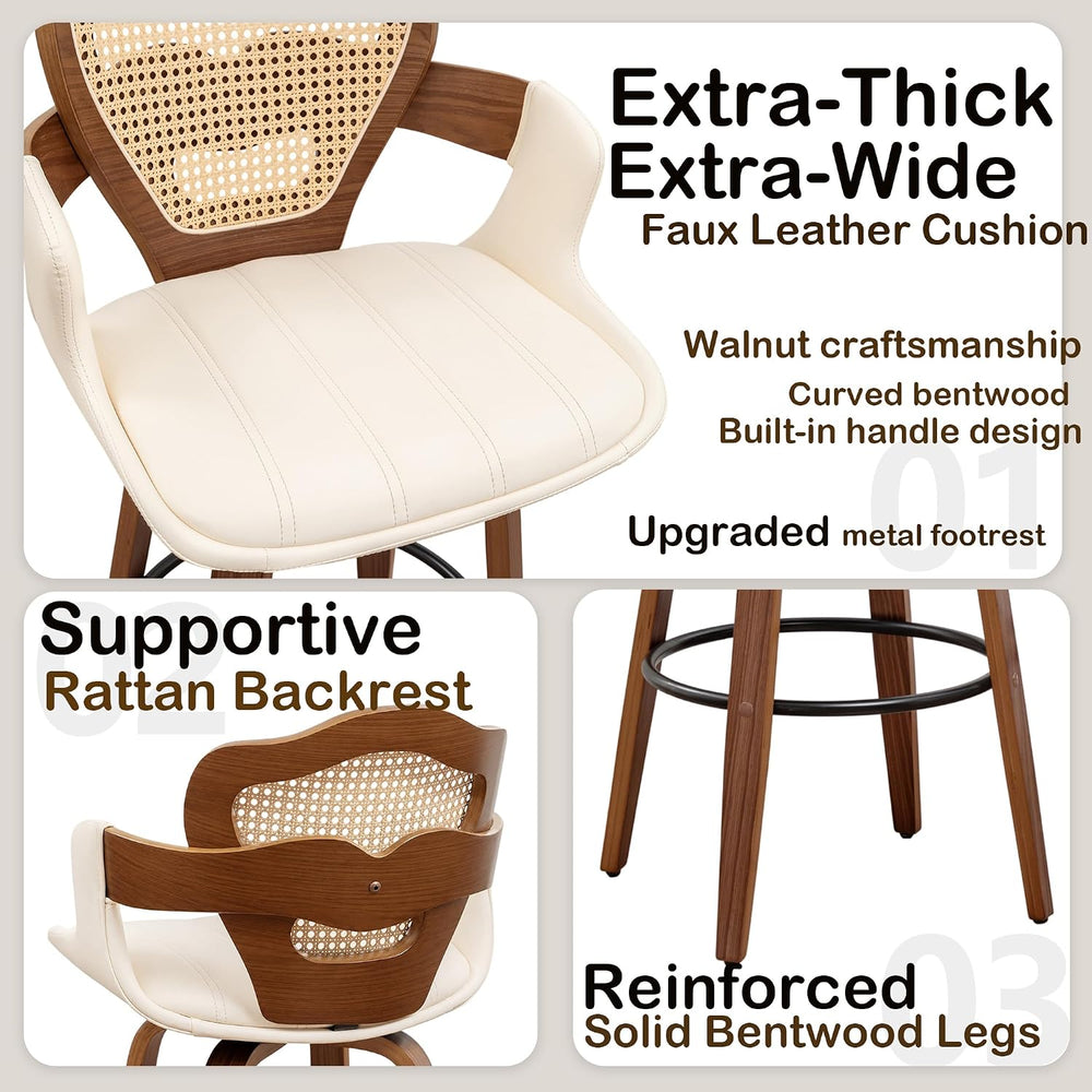 Mid-Century Modern Swivel Counter Stools with Supportive Rattan Back & Ar...