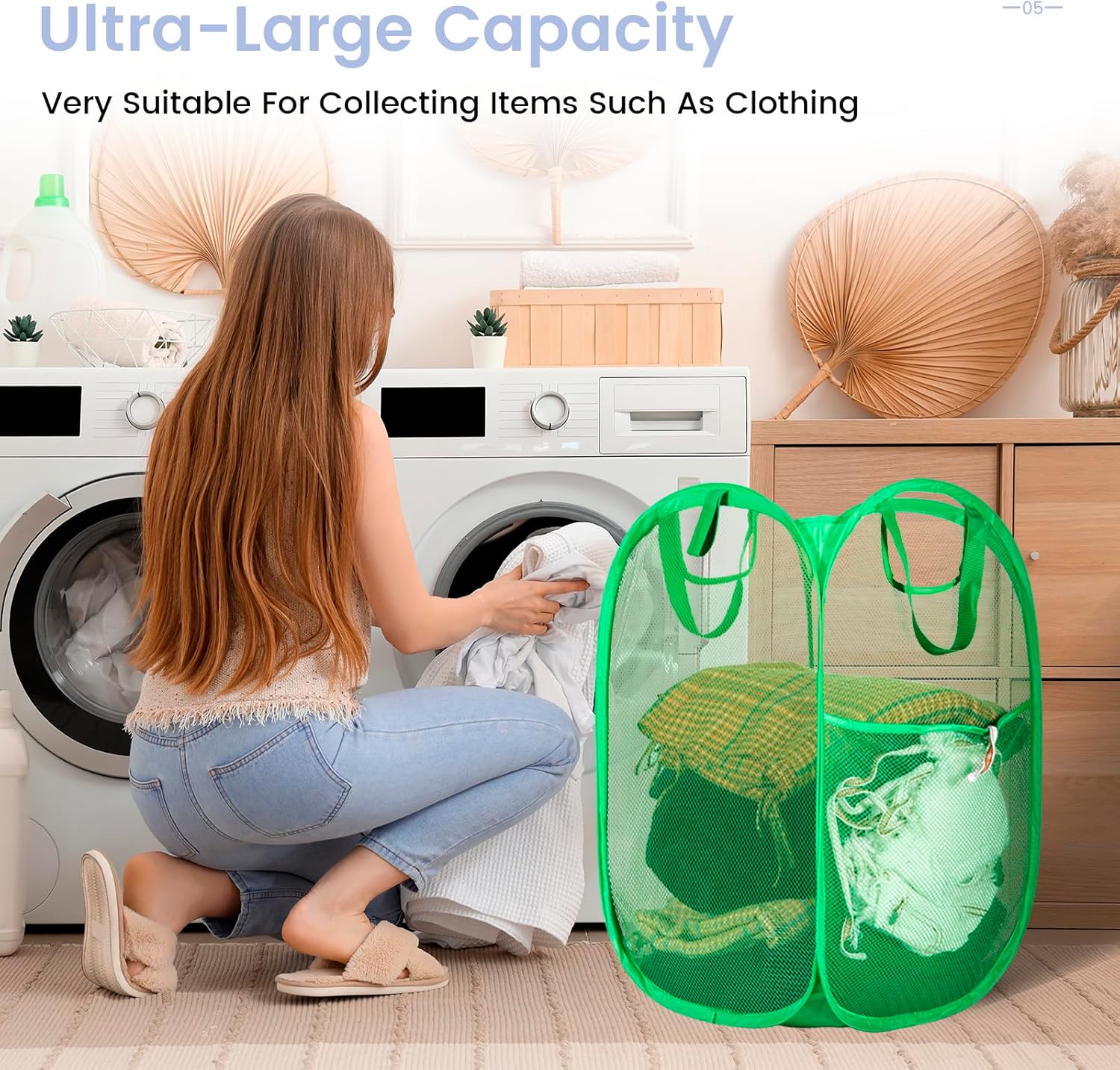 HOUSE AGAIN 2 Pcs Pop Up Laundry Hamper, Strong Mesh Laundry Baskets Collapsible, Hamper with Handles and Side Pocket, Portable Foldable Dirty Clothes for Dorm, Laundry room and Travel Storage, Green