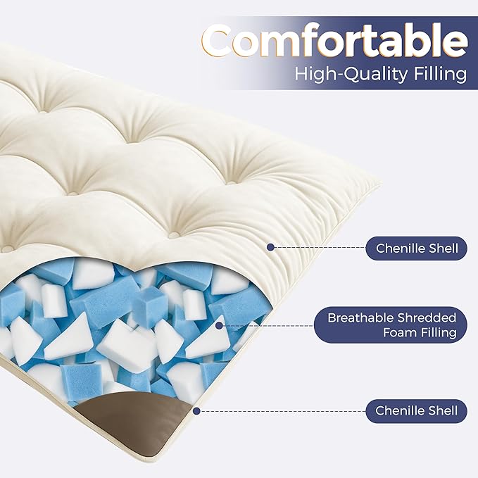 MAXYOYO Japanese Floor Mattress Full Size, 6" Foldable Futon Mattress Tufted Roll Up Floor Bed, Thick Chenille Tatami Mat Sleeping Pad for Camping Guest Room Dormitory Bedroom RV, Beige