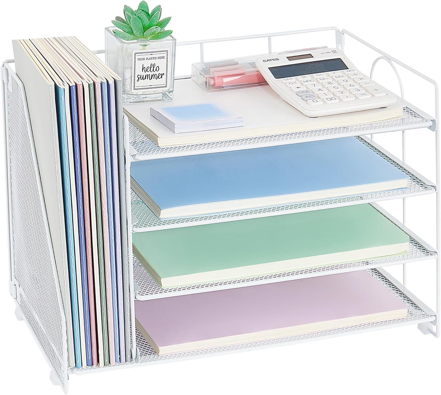 OPNCIE 4-Tier Paper Organizer with Magazine Holder, Desk Organizers and Accessories, Office Desk Accessories & Workspace Organizers, Desktop File Organizer for Office Supplies Storage, White