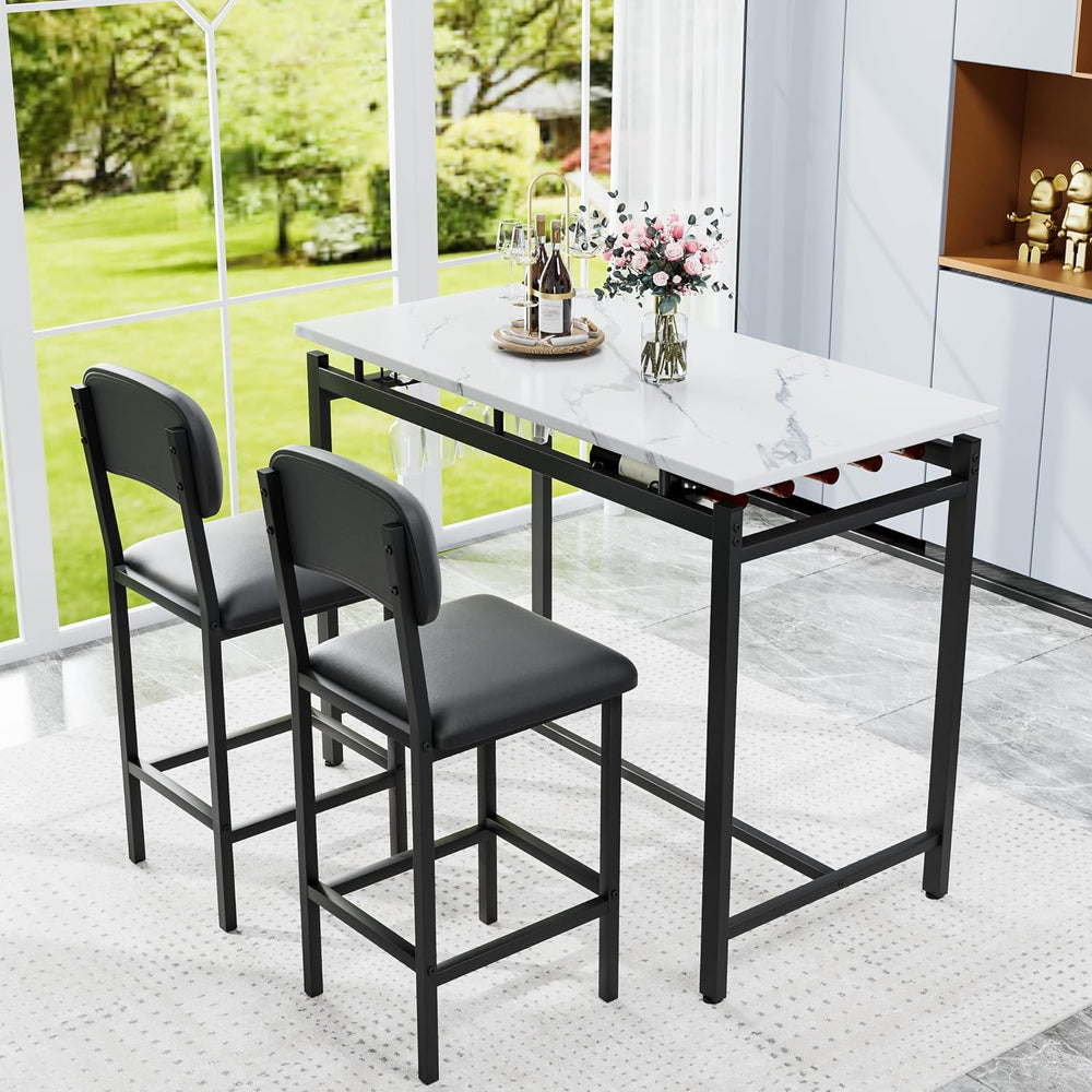 47" 3 Piece Bar Table Set with 2 Padded Chairs for Small Spaces Black | ...