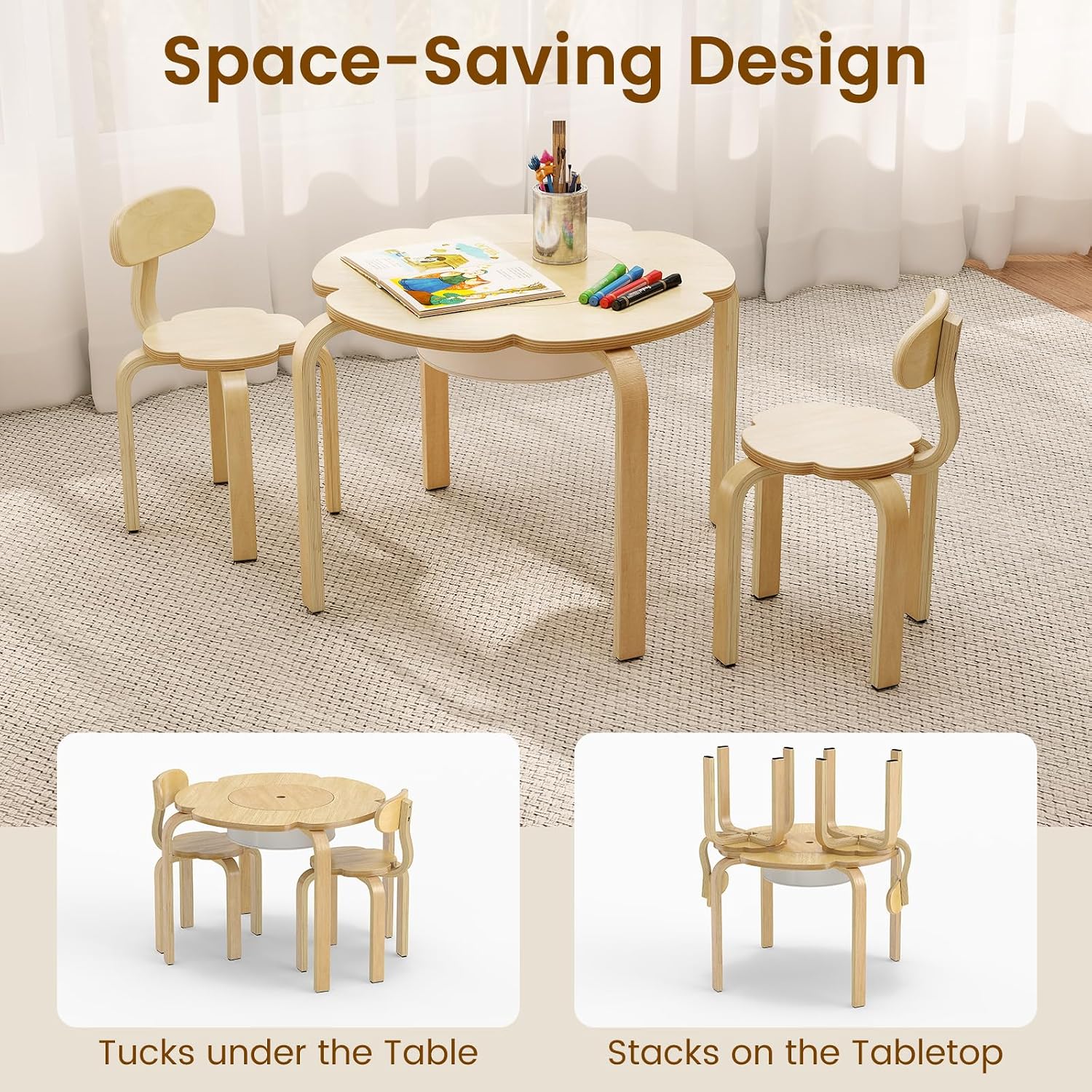 Olakids Kids Table and Chair Set, Wooden Toddler Activity Desk with Center Storage Basket, Ideal 3-Piece Children Furniture for Art Crafts Playing Eating Drawing Reading