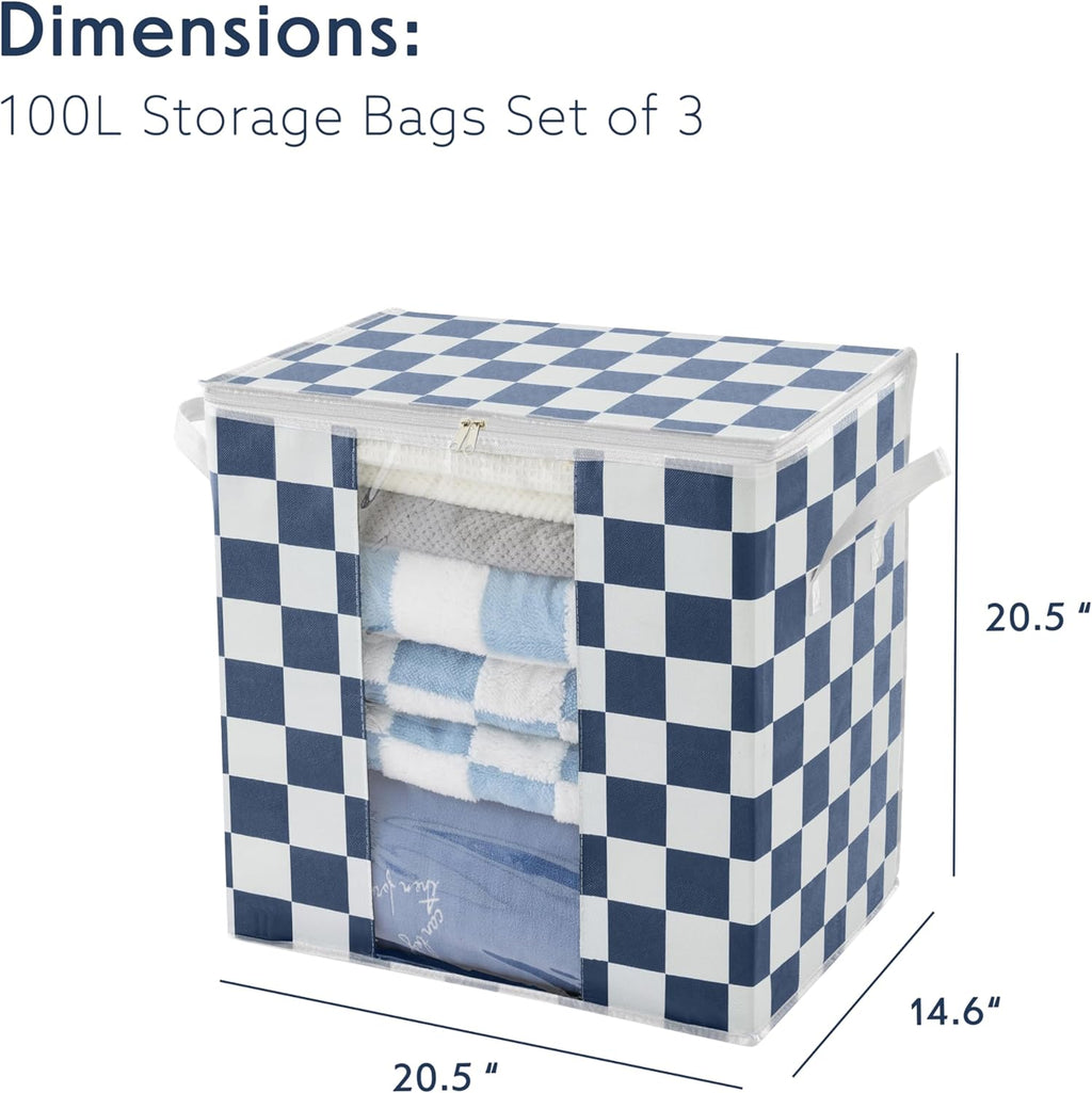 Navy Blue Checkered Clothes Storage Bins, 100L Large Blanket Storage Bags 3 Pack, Closet Organizers and Storage Containers for Comforters, Bedding, Foldable Organizer with Handle
