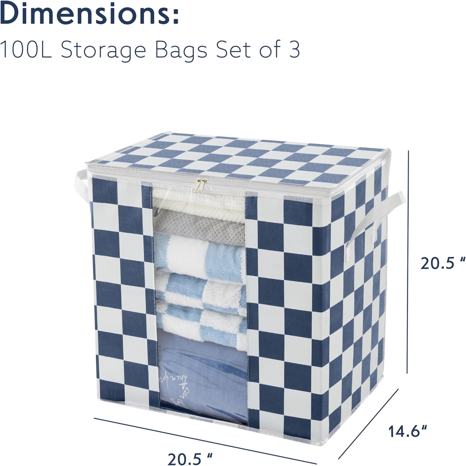 Navy Blue Checkered Clothes Storage Bins, 100L Large Blanket Storage Bags 3 Pack, Closet Organizers and Storage Containers for Comforters, Bedding, Foldable Organizer with Handle