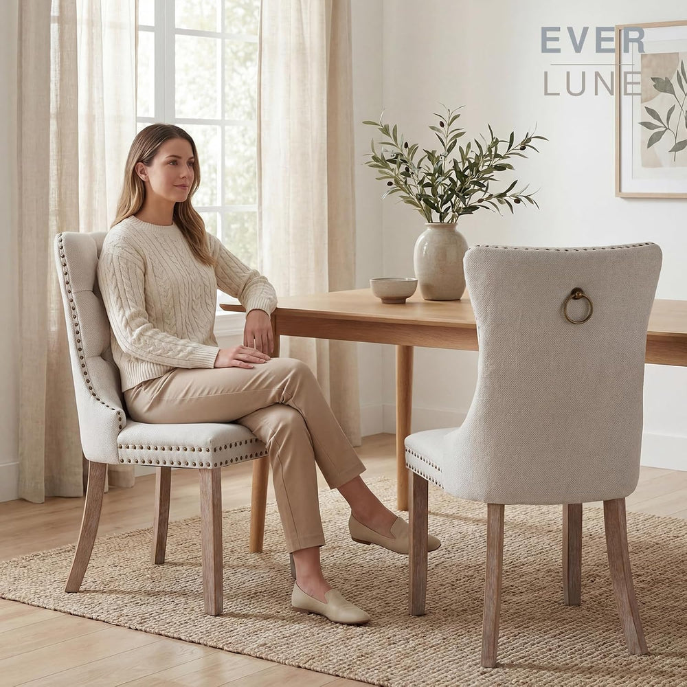 Beige Linen Dining Chairs Set of 4, Fabric Upholstered Kitchen & Dining R...