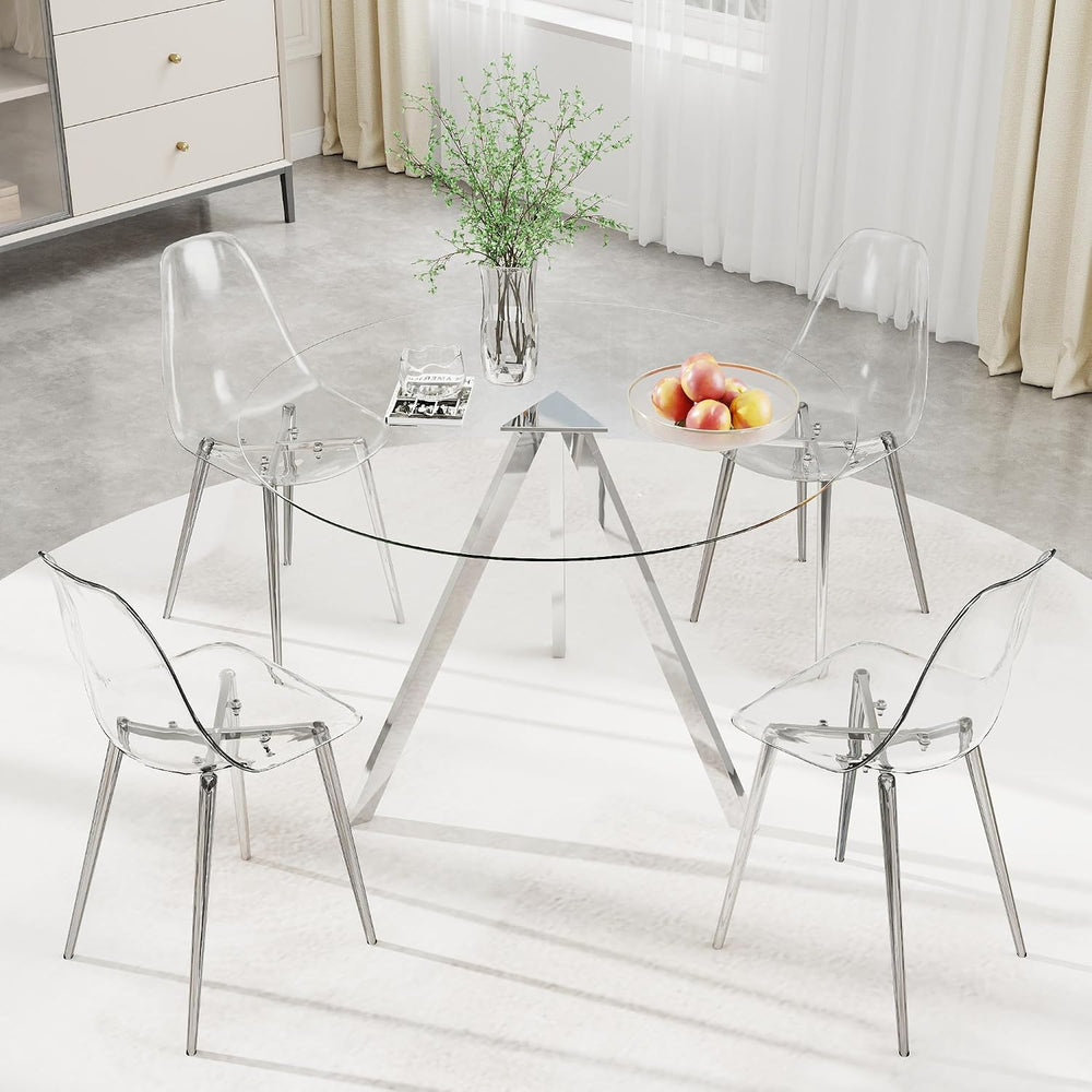 Round Dining Table Set for 4, 39" Clear Tempered Glass Table with Sliver...