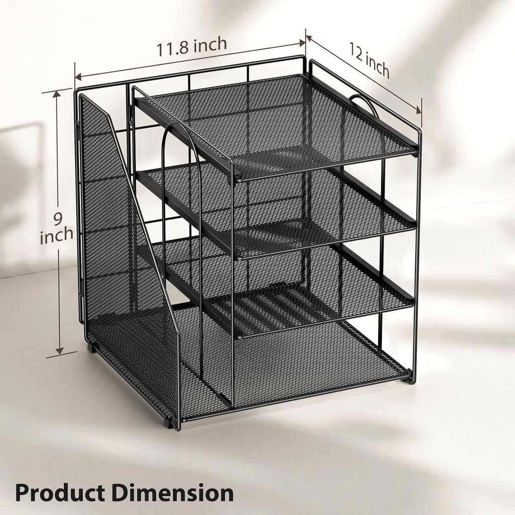 Desk Organizer, 4-Tier Metal Paper Organizer for Desk with Vertical File Holder, Office Accessories and Desktop Storage for Office Supplies (Black)