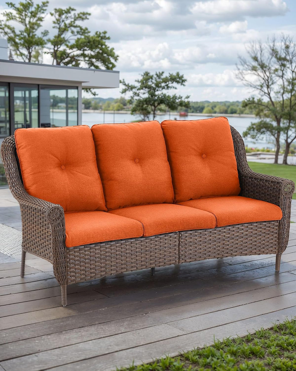Patio Couch Outdoor Wicker Sofa - Heavy Duty All-Weather Brown Rattan 3-Seate...