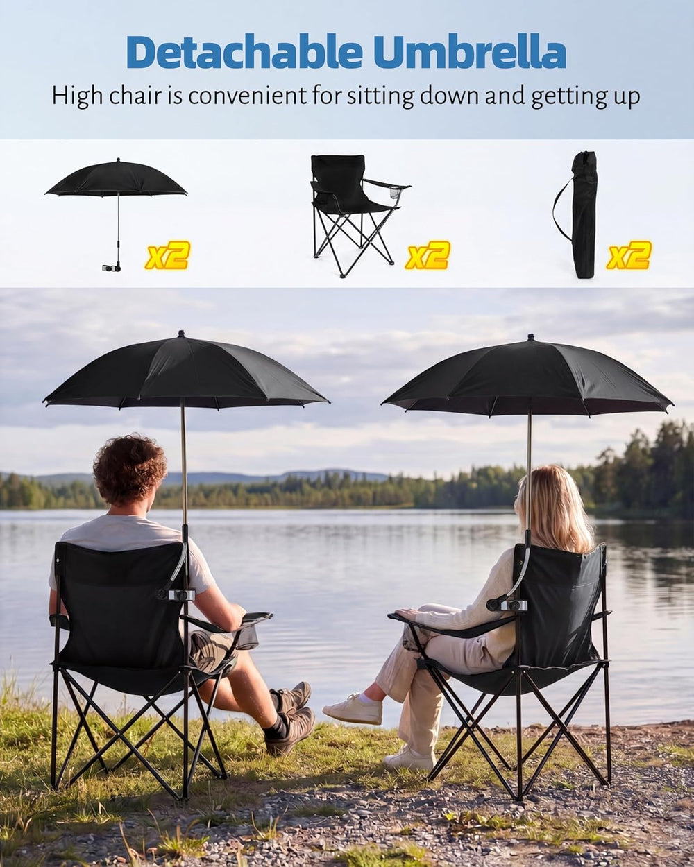 2PCS Camping Chairs with Detachable Umbrella, HaSteeL Folding Beach Chair for...