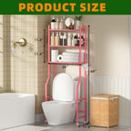 3-Tier Over The Toilet Storage, Space Saver Metal Bathroom Shelves, Freestanding Above Over Toilet Storage Shelf with 4 Hooks for Bathroom, Pink