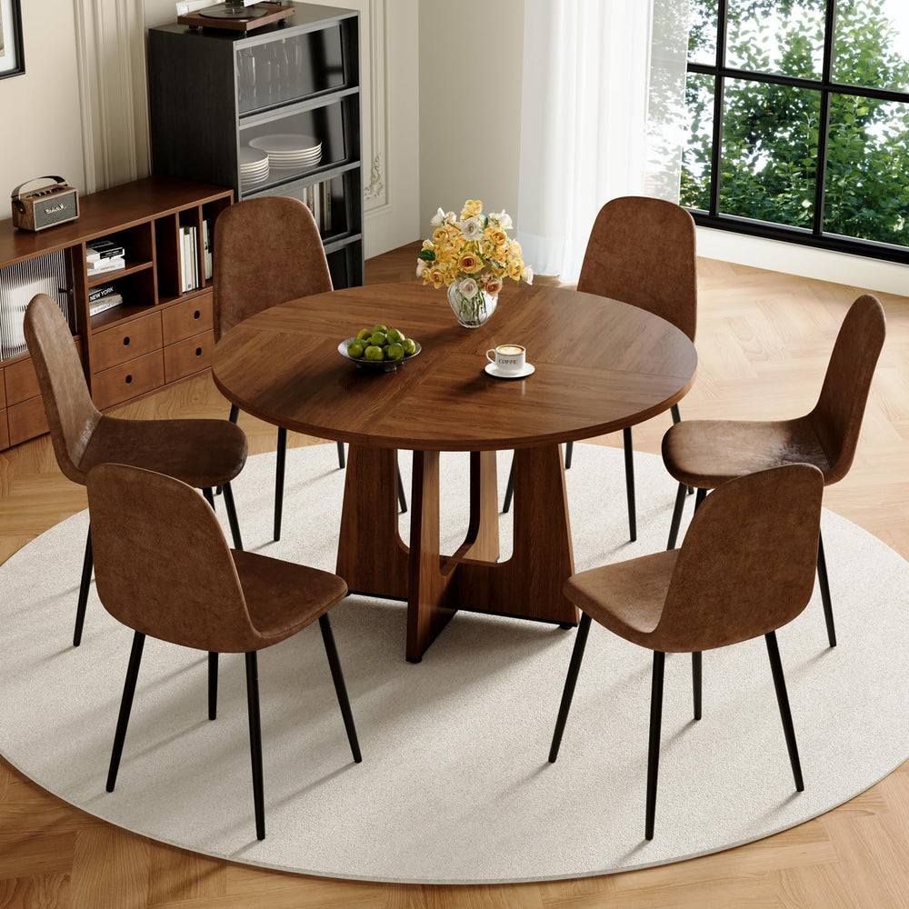 47" Round Dining Table Set for 6, Walnut Wood Grain Table and 6 Brown Su...