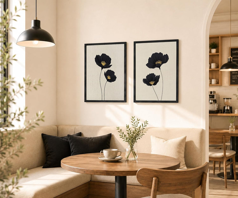 Minimalist Black Gold Flower Bathroom Wall Art Poppy Botanical Art Print