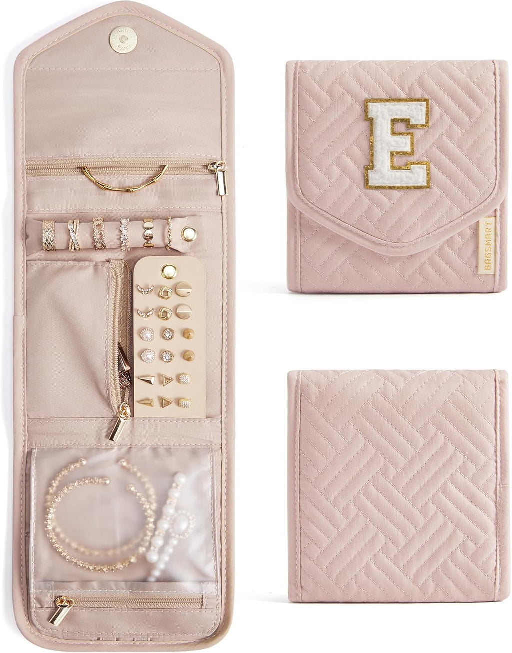 BAGSMART Travel Jewelry Organizer Case E Initial Foldable Jewelry Roll for Journey Rings, Necklaces, Earrings, Bracelets,Mini,Letter E,Soft Pink