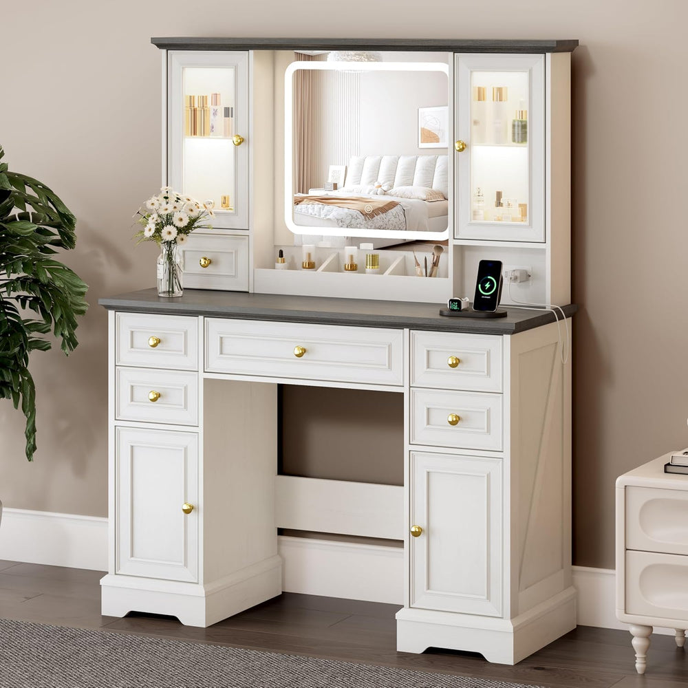 Vanity Desk with Mirror & Lights, Makeup Vanity with Power Outlet & U...