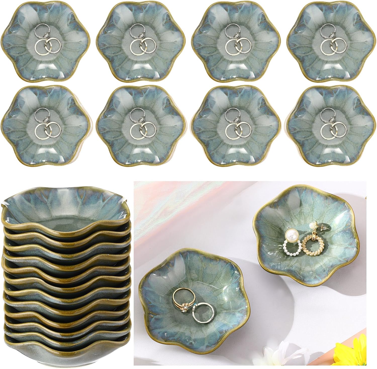Teenyyou 8 Pcs Ceramic Jewelry Dish Bulk Trinket Jewelry Tray Lotus Leaf Small Ring Dish for Earrings, Rings, Key Bowl(Dark Green)