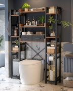 Over The Toilet Storage with 2 Drawers - 11 Tier Bathroom Organizer Freestanding Space Saver Storage Rack with Adjustable Shelf Above Toilet Stand with 4 Hooks for Restroom, Laundry, Rustic Brown
