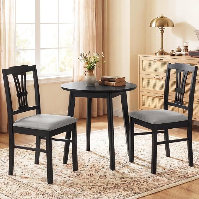 Giantex Wooden Dining Chairs Set of 4, Upholstered Kitchen Chairs with Solid Rubber Wood Frame, Hollowed Backrest & Soft Padded Seat, Armless Dining Chairs for Kitchen, Dining Room, Black & Gray