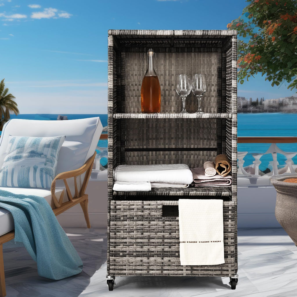 Outdoor Towel Rack for Pool Outdoor Pool Towel Storage Cabinet with Shelf & Drawer Pool Towel Holder with Rolling Wheels Hot Tub Towel Rack w/Waterproof Cover Poolside Towel Valet Caddy for Spa Grey