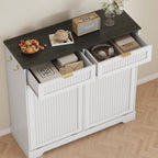 2x13 Gallons Double Tilt Out Trash Can Cabinet, Wooden Fluted Trash Garbage Can Cabinet with 2 Drawers, Hidden Laundry Hamper with Hooks for Kitchen Living Room, White