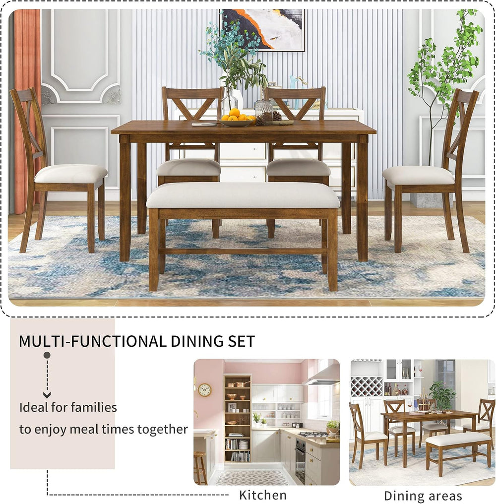 Merax 6 Piece Farmhouse Dining Table Set, 60" Solid Wood Rectangular Kit...