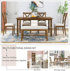 SogesPower 6-Piece Kitchen Dining Table Set for 4-6,Rectangular Dining Table with 4 Fabric Chairs & 1 Bench for Dining Room Living Room,Natural Cherry