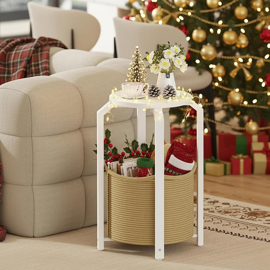 TUTOTAK Round End Table with Woven Storage Basket, White and Beige Small Side Table for Living Room, Bedroom, TB01BWN092