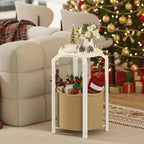 TUTOTAK Round End Table with Woven Storage Basket, White and Beige Small Side Table for Living Room, Bedroom, TB01BWN092