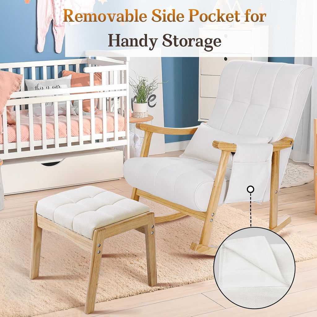 NOBLEMOOD Upholstered Rocking Chair with Ottoman, Solid Wood Frame | Modern Nursery Glider Rocker Chair with Side Pocket, Linen High Back Accent Chair with Padded Seat for Living Room Bedroom