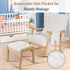 NOBLEMOOD Upholstered Rocking Chair with Ottoman, Solid Wood Frame | Modern Nursery Glider Rocker Chair with Side Pocket, Linen High Back Accent Chair with Padded Seat for Living Room Bedroom