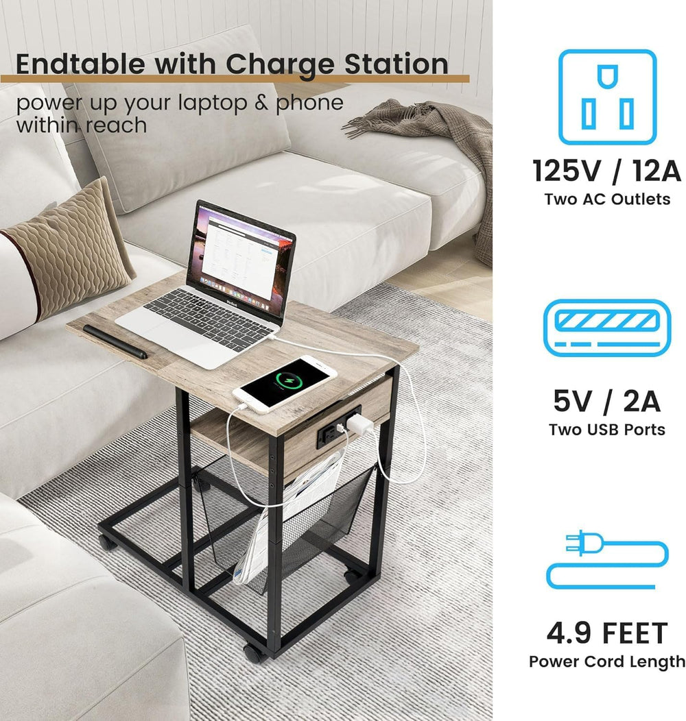 FLYJOE End Table C Shape with Charge Station, Tilting Top Side Table with Mag...