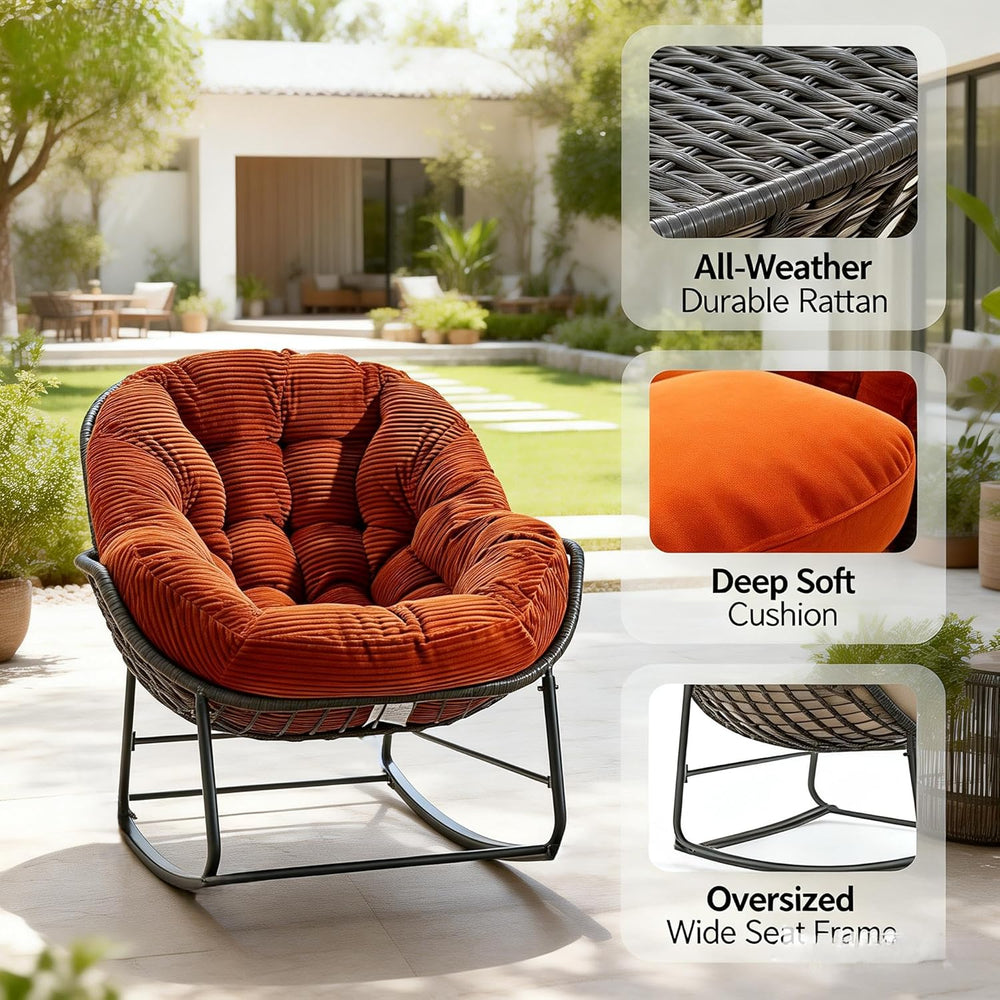 Oversized Outdoor Papasan Rocking Chair with Soft Cushion, Comfy Patio Egg Ch...