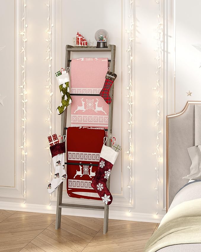 Blanket Ladder Shelf for Living Room, Decorative Quilt Rack with Storage Shelf, 6-Tier Farmhouse Ladder Holder Organizer with 4 Removable Hooks for Bedroom, Greige and Black BR35805B